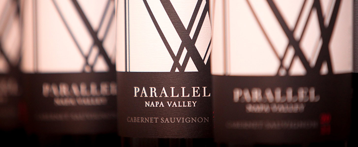 Close-up of Parallel Napa Valley Cabernet Sauvignon wine bottles with modern label design.